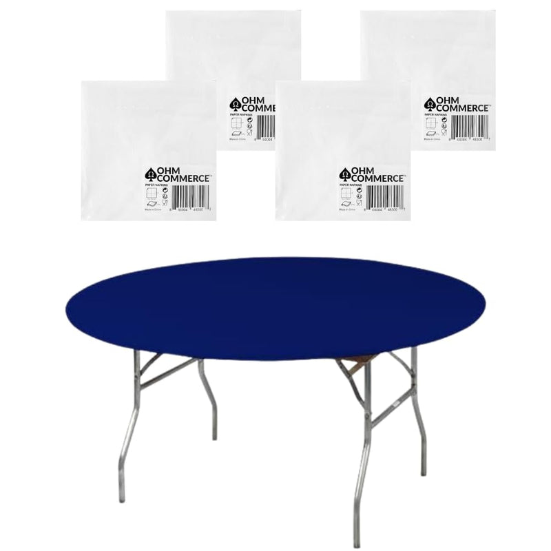 Kwik-Covers Round Plastic Table Covers Bundle of Ohm Commerce Paper Napkins - Indoor or Outdoor Fitted Round Table Covers (Table NOT Included)