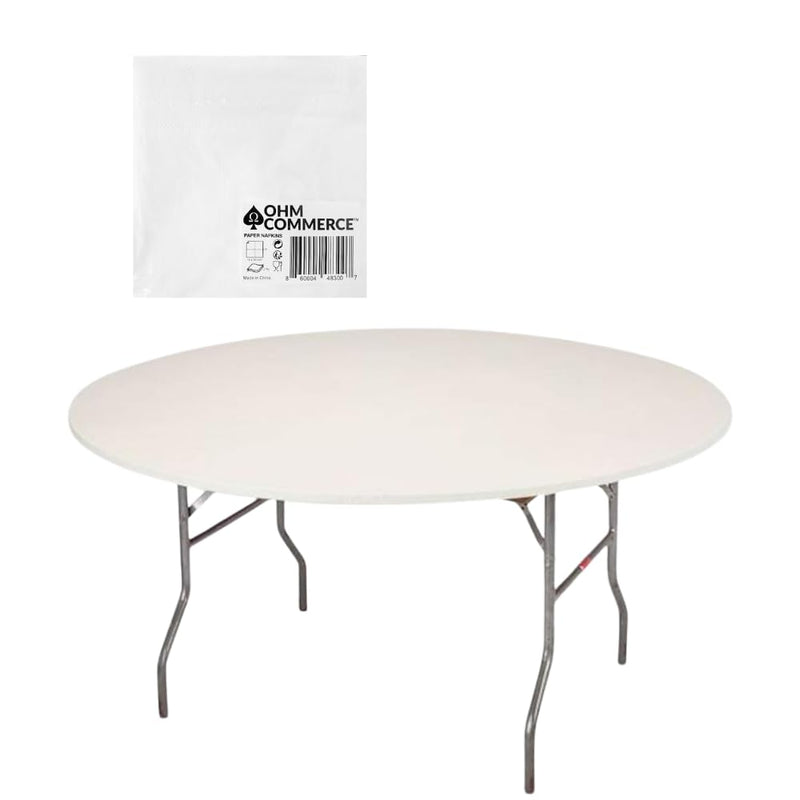 Kwik-Covers Round Plastic Table Covers Bundle of Ohm Commerce Paper Napkins - Indoor or Outdoor Fitted Round Table Covers (Table NOT Included)