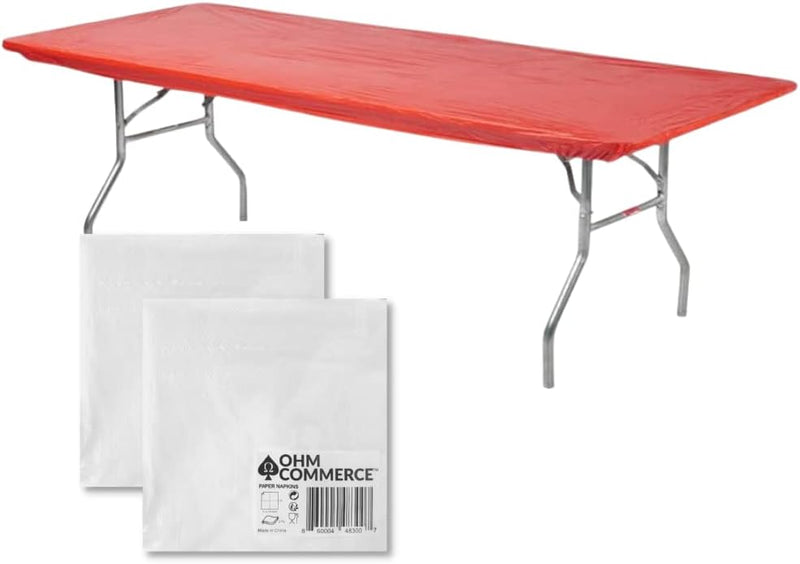 Kwik-Covers Rectangular Plastic Table Covers Bundles with Ohm Commerce Paper Napkins - Indoor or Outdoor Fitted Table Covers (Table NOT Included)