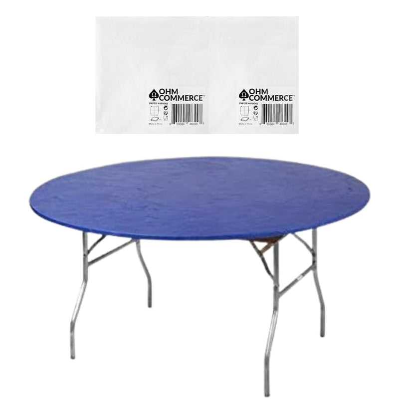 Kwik-Covers Round Plastic Table Covers Bundle of Ohm Commerce Paper Napkins - Indoor or Outdoor Fitted Round Table Covers (Table NOT Included)