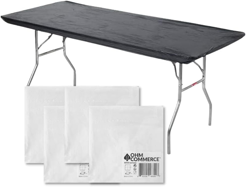 Kwik-Covers Rectangular Plastic Table Covers Bundles with Ohm Commerce Paper Napkins - Indoor or Outdoor Fitted Table Covers (Table NOT Included)