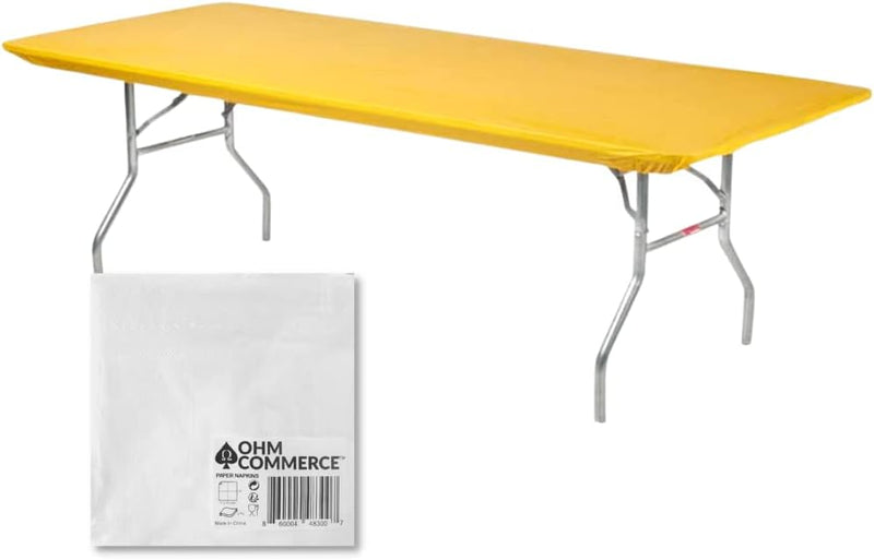 Kwik-Covers Rectangular Plastic Table Covers Bundles with Ohm Commerce Paper Napkins - Indoor or Outdoor Fitted Table Covers (Table NOT Included)