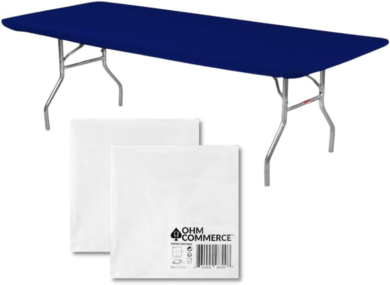 Kwik-Covers Rectangular Plastic Table Covers Bundles with Ohm Commerce Paper Napkins - Indoor or Outdoor Fitted Table Covers (Table NOT Included)