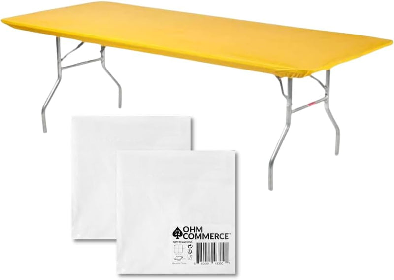 Kwik-Covers Rectangular Plastic Table Covers Bundles with Ohm Commerce Paper Napkins - Indoor or Outdoor Fitted Table Covers (Table NOT Included)