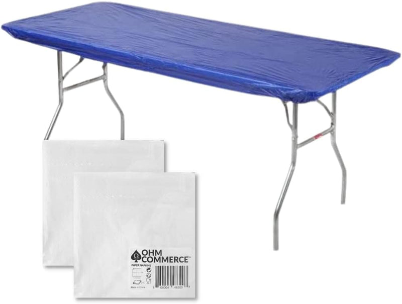 Kwik-Covers Rectangular Plastic Table Covers Bundles with Ohm Commerce Paper Napkins - Indoor or Outdoor Fitted Table Covers (Table NOT Included)