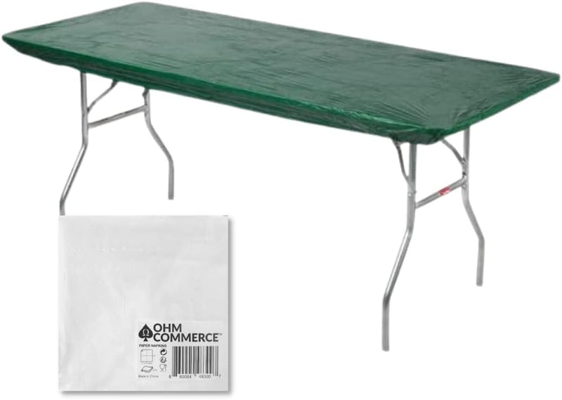 Kwik-Covers Rectangular Plastic Table Covers Bundles with Ohm Commerce Paper Napkins - Indoor or Outdoor Fitted Table Covers (Table NOT Included)