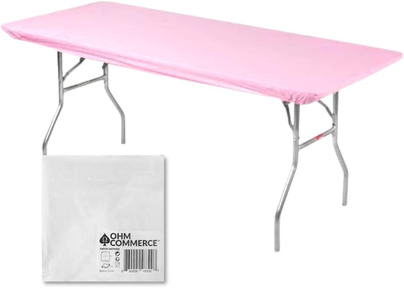 Kwik-Covers Rectangular Plastic Table Covers Bundles with Ohm Commerce Paper Napkins - Indoor or Outdoor Fitted Table Covers (Table NOT Included)