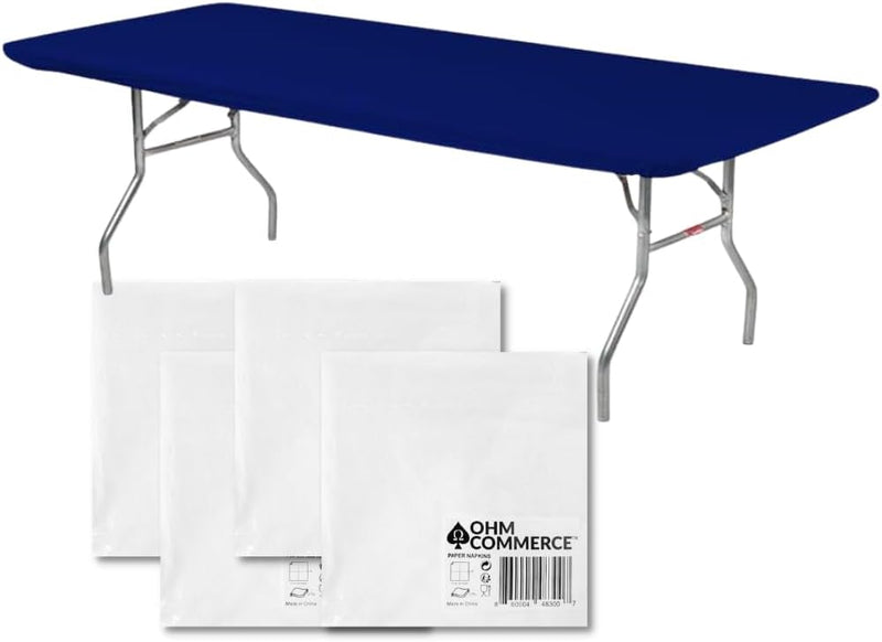 Kwik-Covers Rectangular Plastic Table Covers Bundles with Ohm Commerce Paper Napkins - Indoor or Outdoor Fitted Table Covers (Table NOT Included)