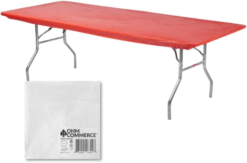 Kwik-Covers Rectangular Plastic Table Covers Bundles with Ohm Commerce Paper Napkins - Indoor or Outdoor Fitted Table Covers (Table NOT Included)