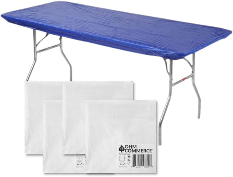 Kwik-Covers Rectangular Plastic Table Covers Bundles with Ohm Commerce Paper Napkins - Indoor or Outdoor Fitted Table Covers (Table NOT Included)