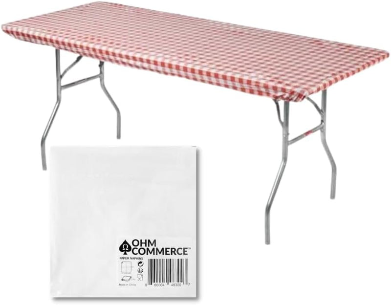 Kwik-Covers Rectangular Plastic Table Covers Bundles with Ohm Commerce Paper Napkins - Indoor or Outdoor Fitted Table Covers (Table NOT Included)