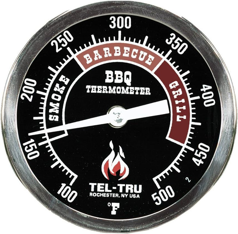 Tel-Tru BQ300 Barbecue Thermometer, 3" Black Dial with Zones, 2.5" Stem, 100/500°F - SKU 351K02FBAKLA4AA