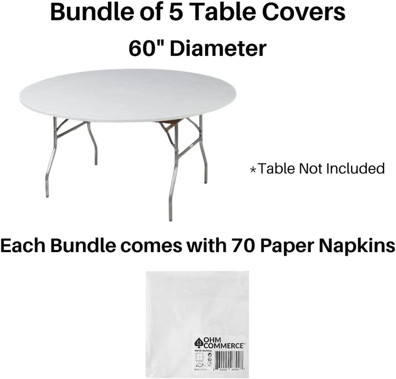 Kwik Covers 5 Pack of Fitted Table Covers & Napkin Bundle - Round Plastic Table Covers For 5' Foot or 60" Inch Table - Indoor or Outdoor Table Cover (Table NOT Included)