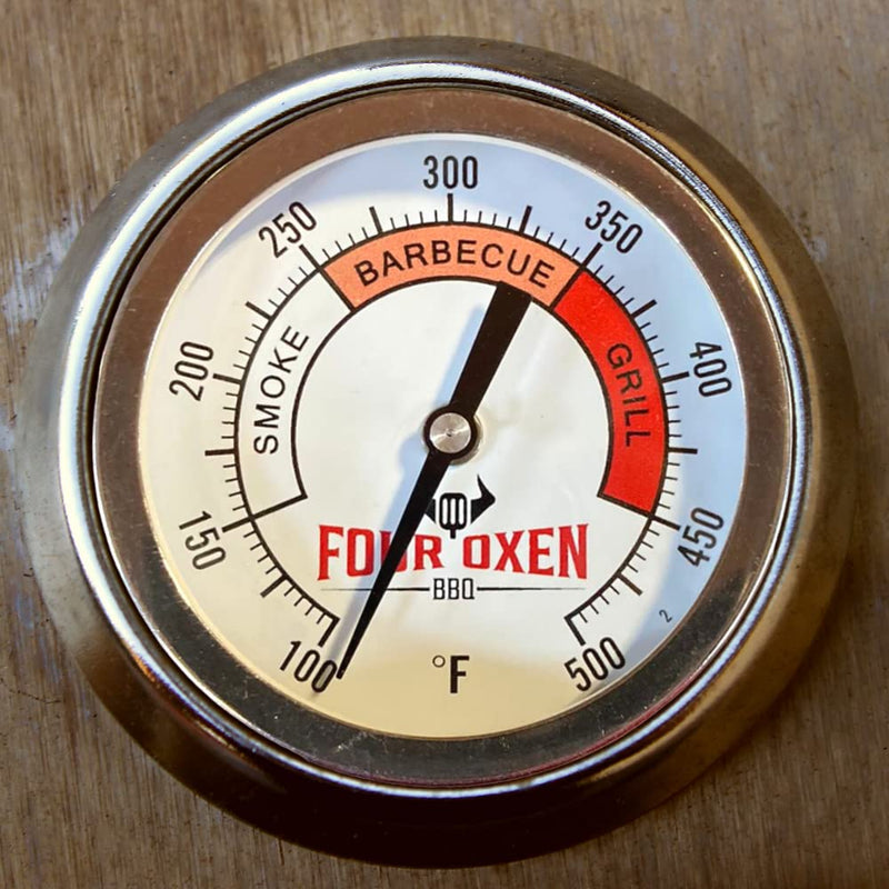 Four Oxen BBQ Grill Thermometer, 3-inch Aluminum Zoned Dial, 4-inch Stem, 100/500 Degrees F Temperature Gauge for Barbecue Pits, Smokers, and Cookers