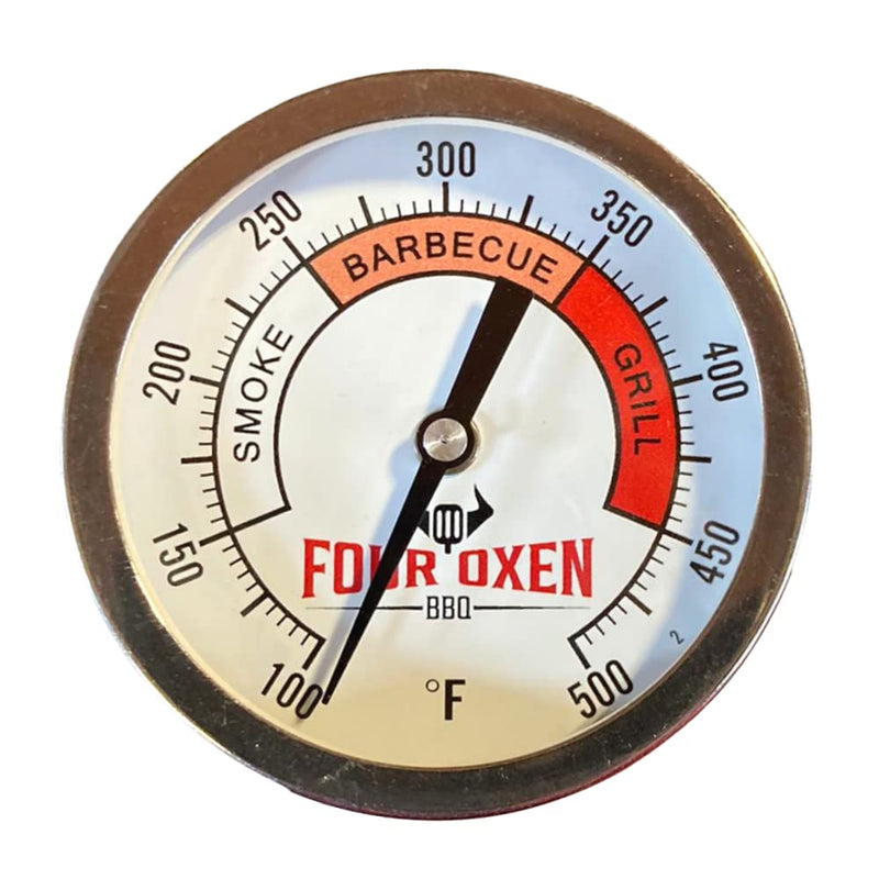 Four Oxen BBQ Grill Thermometer, 3-inch Aluminum Zoned Dial, 4-inch Stem, 100/500 Degrees F Temperature Gauge for Barbecue Pits, Smokers, and Cookers