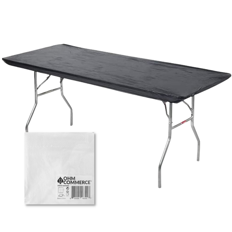 Kwik Covers 5 Pack of Fitted Table Covers & Napkin Bundle - Plastic Rectangular Table Covers For 8' Foot or 96" Inch Table - Indoor or Outdoor Table Cover (Table NOT Included)