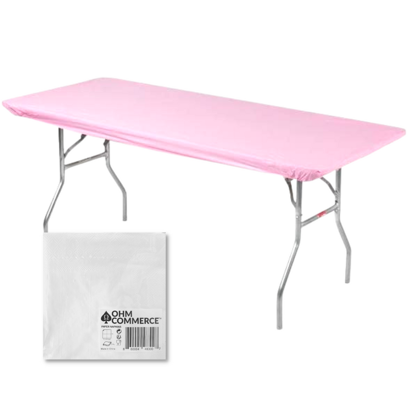 Kwik Covers 5 Pack of Fitted Table Covers & Napkin Bundle - Plastic Rectangular Table Covers For 8' Foot or 96" Inch Table - Indoor or Outdoor Table Cover (Table NOT Included)