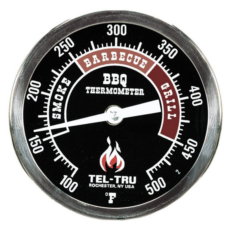 Tel-Tru BQ300 Barbecue Thermometer, 3 inch black dial with zones, 4 inch stem, 100/500 degrees F